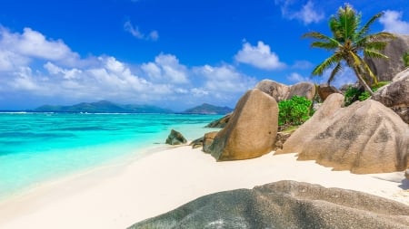 Paradise beach - summer, landscape, beach, bay, seychelles, ocean, sand, lagoon, coast, island, paradise