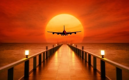 Sunset - Horizon, Lights, Silhouette, Plane, Sun, Sea