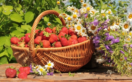 Strawberries - strawberries, fruits, food, basket, flowers