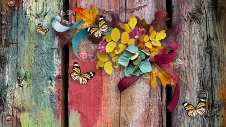 Old Time Autumn - Firefox theme, leaves, flowers, fall, barn board, vintage, autumn, butterfly, farm, ribbons