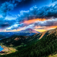 Mountain, lake, fir trees