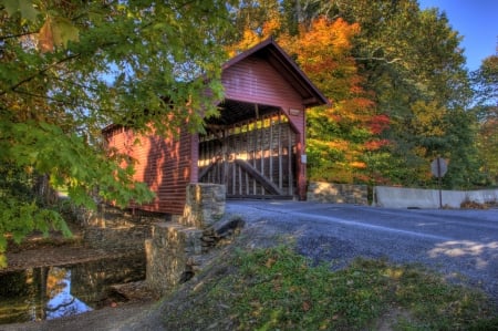 Covered Bridge in Michigan - reflections, autumn, trees, river, road