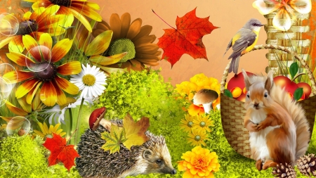 Autumn - flowers, bird, hedgehog, painting, artwork, colors, squirrel, leaves