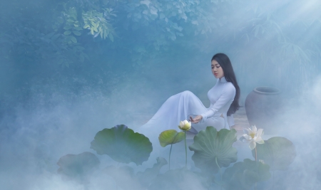 Asian beauty - lotus, model, fog, girl, leave