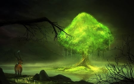 Lone Glowing Tree - fantasy, tree, green, leaves