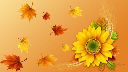 Autumn Best - sunflower, autumn, wheat, grain, oats, gold, floower, fall, harvest, yellow, leaves, grass, firefox theme