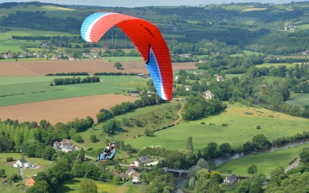 Paragliding over Fields - paraglider, fields, landscape, aerial