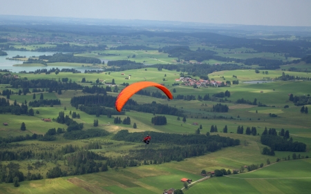 Paragliding over Fields - paraglider, fields, landscape, aerial