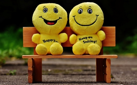 Smilies on Bench - bench, smilies, funny, yellow