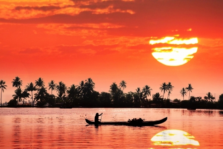 Sunset reflection - Trees, River, Boat, Man