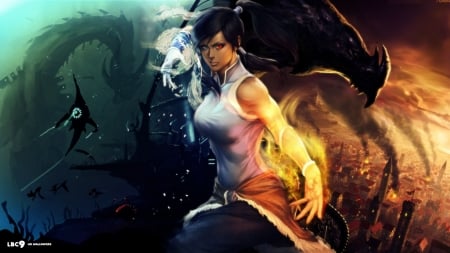 legend of korra - ancient, modern, legend, girl, dragon, korra, brunette