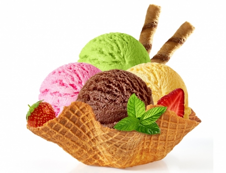 Ice-cream - balls, cream, strawberry, sweet, wafer