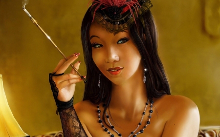 modern geisha - girl, brunette, cigarette, geisha