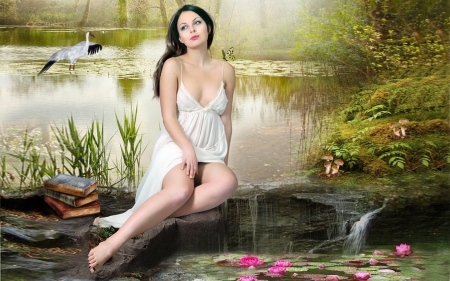 Beautiful Vintage Woman - Woman, Sitting, relaxing, pond, serene, Woods, lovely, feminine, outdoors, lady, Books, peaceful, brunette