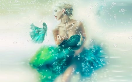 Beauty Immersed in Water - ethereal, water, lovely, feminine, woman, bubbles, Fantasy, softness, pastel