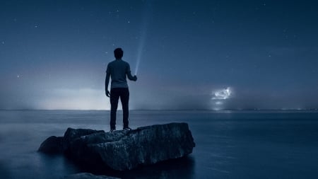 Starry sky - warren wang, summer, water, starry, night, blue, sky, sea, vara, man