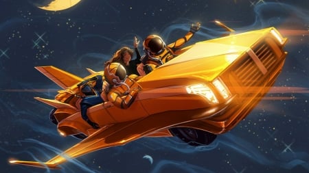 :-) - astronaut, yellow, luna, sky, fantasy, retro, car, people, moon, orange, luminos