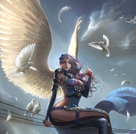 Angel - mars foong, girl, angel, dove, wings, fantasy, pasare, bird, luminos