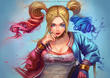 Harley Quinn - comics, blue, mars foong, girl, blonde, fantasy, harley quinn, red, luminos