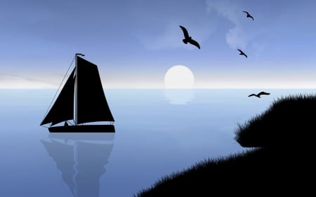 Sunset - bird, summer, blue, boat, sea, silhouette, vector, black, white, vara