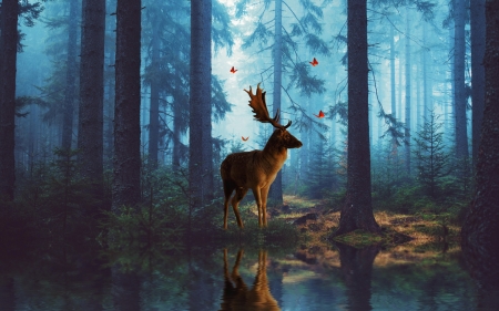 Deer - cerb, deer, fantasy, horns, butterfly, woods, forest, luminos, blue, animal