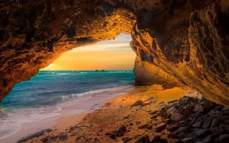 Sunset - beach, island, sunset, cave, sea, wave