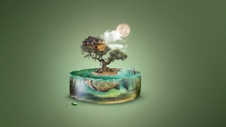 :-) - moon, water, summer, island, creative, dream, tree, aqua, fantasy, cloud, fish, vara, luna