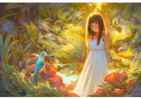 The parrot - bird, anime, summer, girl, parrot, flower, manga, jungle, pasare, art, vara