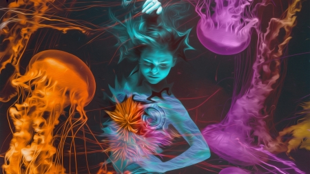 Mermaid dancing with jellyfish - vara, girl, dance, jellyfish, colorful, water, summer, fantasy, underwater, mermaid, pink, siren, luminos, blue, orange, sea