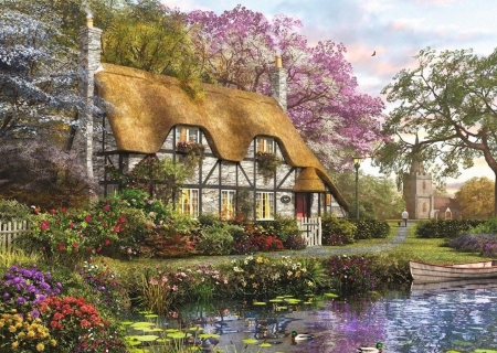 The Gardeners Cottage - ducks, canoe, flowers, cottage, church, water, gardener, lake