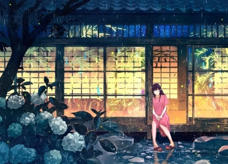 Filled with Colors - water, amazing, pretty, sandals, anime, pink dress, house, cute, fireworks, scenic, girl, rain, long hair, lovely, plants, roof, beautiful, leaves, sweet, stones, smile, flowers, happy, tanabata, colourful