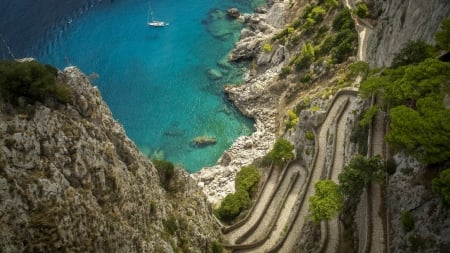 Via Krupp - Island, nature, Italy, boat, sea, Capri, rocks