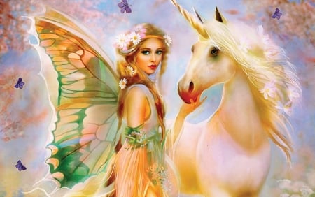 fairy and unicorm - pretty, girl, fairie, fantasy, digital, woman, wings, unicorn, art