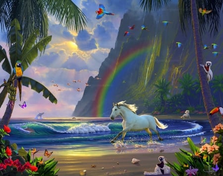 Tropical Play II - beaches, attractions in dreams, seaside, sunshine, summer, nature, love four seasons, horse, rainbows, paintings, flowers, sea, birds, butterflies