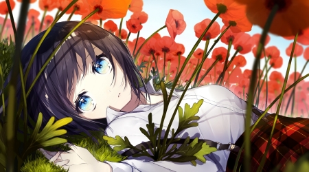 girl - manga, poppy, anime, red, sogawa66, girl, flower