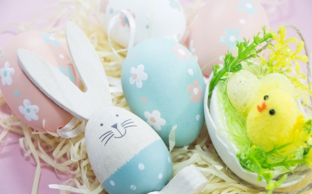 Happy Easter! - easter, yellow, blue, deco, green, chick, egg, bunny