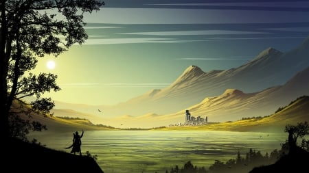 Fantasy landscape - warrior, castle, sun, mountains, pond