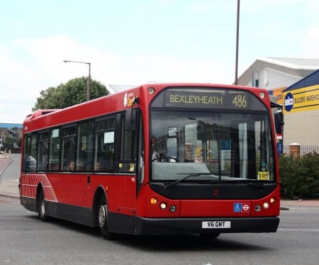 red bus - bus, street, red, building