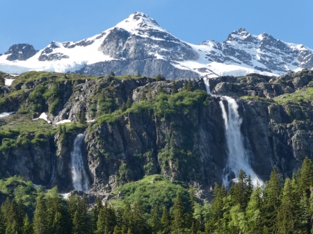 High waterfalls - lauenen, mountain, magic, colorful, waterfall, nature, forest, snow, beautiful, google maps berggasthaus trachsellauenen, outdoor