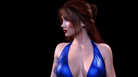 Girl - rendering, redhead, girl, blue, fantasy, black