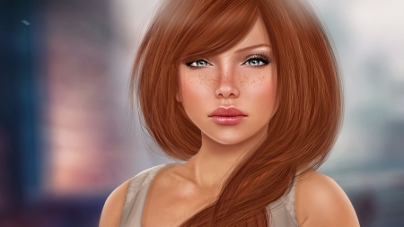 Girl - face, rendering, redhead, girl, fantasy