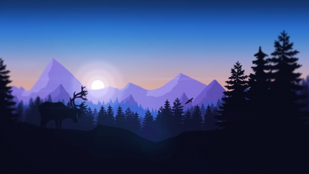 Sunrise - blue, silhouette, vector, sunrise, morning, mountain, tree, black, deer, luminos