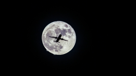 :-) - moon, silhouette, james everitt, bw, airplane, black, white, full, luna