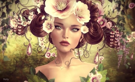 Girl - face, art, girl, flowers, decoration