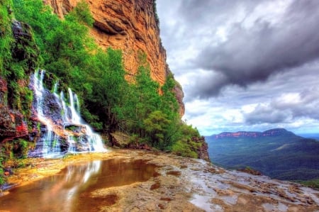 Mountain Waterfall - cliff, sky, mountains, landscape, clouds