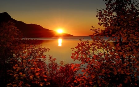 Autumn Sunset in Norway - sky, evening, river, sun, sunset