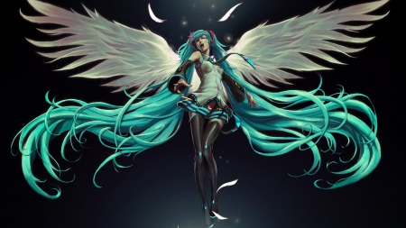 Hatsune Miku - feather, black, vocaloid, anime, girl, blue, manga, wings, white, angel, hatsune miku, green