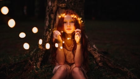 Fireflies - firefly, girl, light, night, matheus bertelli, child, copil, wreath