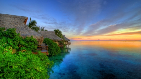 Tropical Resort - sky, trees, sunset, huts, sea