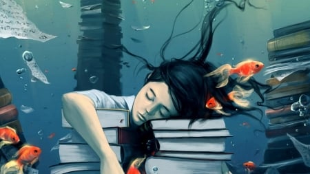 :-) - vara, water, summer, book, fantasy, underwater, aquasixio, art, sleep, blue, luminos, fish, orange